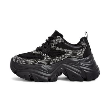 Imagem de K KIP WOK Tênis feminino grosso, moderno, plataforma, de couro branco, casual, para pai, confortável, plataforma, tênis esportivo, Strass preto, 40