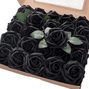 Imagem de JACYUIG 25 peças de rosas de flores artificiais, rosas falsas de aparência real com haste para buquês de casamento, decoração de mesa de festa (preto, 25 peças)