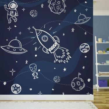 Imagem de Papel de Parede Azul Menino Espaço Foguete Infantil 6m² - Quartinhos