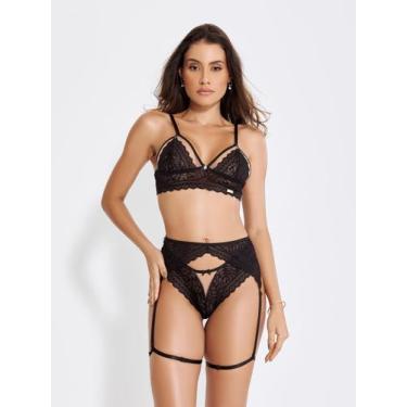 Imagem de Conjunto Lingerie Sensual Luxo Cinta Liga Rendada Pingente - ALTIE, M,