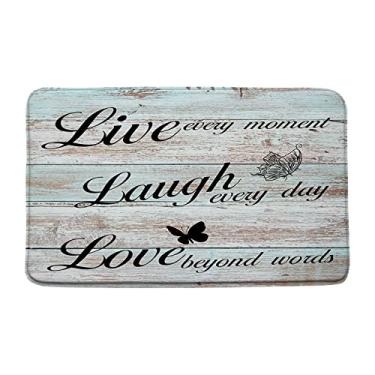 Imagem de Live Laugh Love Tapete de banho rústico azul-petróleo tábua de madeira borboletas citações inspiradoras frase lema positiva letras microfibra espuma memória decoração banheiro entrada casa cozinha