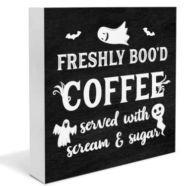 Imagem de Decoração de Halloween, decorações de cafeteria, placa decorativa de madeira fantasma, decoração de cozinha de Halloween para prateleira de mesa de mesa 12 x 12 cm