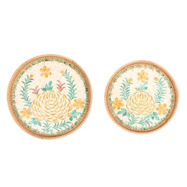 Imagem de Bandeja de servir lanches tecida Vomeko 2 peças, bandeja redonda de vime, bandeja de servir lanches, para decoração de mesa, armazenamento e exibição de café, pão, alimentos, (Padrão Peônia)