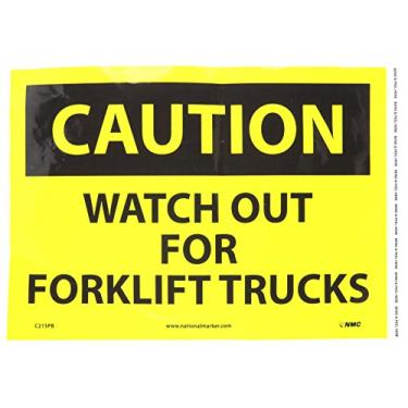 Imagem de NMC C215PB CUIDADO - CUIDADO COM FORK LIFT TRUCKS - Placa de advertência de vinil PS de 35,5 x 25,4 cm com texto amarelo/preto na base preta/amarela