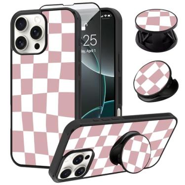 Imagem de SAKUULO Capa compatível com iPhone 16 Pro Max, [Protetor de tela + suporte] Design fofo e estético xadrez xadrez, textura de pneu, antiderrapante, à prova de choque, ultrafina, 17,5 cm