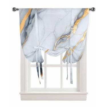 Imagem de Cortinas de amarração de mármore para janelas abstrata moderna tinta dourada veias douradas haste bolso amarração persiana de janela ajustável balão cortina sanefa para quarto de banho, 107 cm L x 114