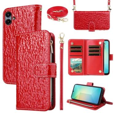 Imagem de Furiet Capa carteira de luxo para Samsung Galaxy A06 flip zíper bolsa alça de ombro, padrão plissado reflexão couro PU suporte para cartão capa de celular para Ao6 A 06 4G LTE feminino vermelho