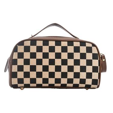 Imagem de UINSUE Bolsa de maquiagem vintage para mulheres, portátil, retrô, estampa quadriculada, organizador de cosméticos estilo patchwork, bolsa de armazenamento para cuidados com a pele, bolsa de