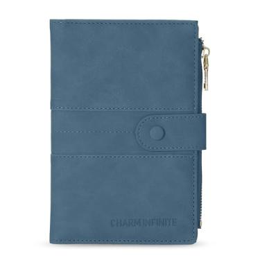 Imagem de Porta-passaporte para mulheres, homens, fina, com bloqueio de RFID, capa para passaporte de viagem, bolsa carteira com bolso com zíper e compartimento para cartão de vacina, Azul, Casual