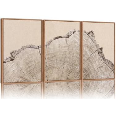 Imagem de SIGNINART Conjunto de arte de parede em tela emoldurada de anel de árvore grande, decoração de parede de madeira rústica bege natureza, arte de toco de madeira neutra, impressões de arte moderna para