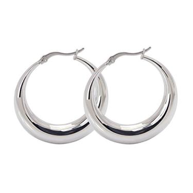 Imagem de Rockyu Brincos femininos, hipoalergênicos, anel de argola, grosso, simples, grande, 42 mm, brincos de ouro, banhado a ouro 18K, aço inoxidável, elegante, estilo ocidental, Liga de aço