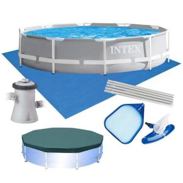 Imagem de Piscina Intex 4.485L Estrutural Prism Cinza Capa Bomba Forro Kit Limpe
