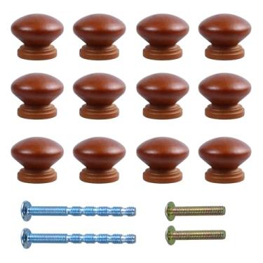 Imagem de bociloy 12 maçanetas redondas de madeira de 3,3 cm, puxadores de armário acabados em forma de cogumelo, puxadores de cômoda de madeira natural para armário de cozinha, guarda-roupa de móveis, marrom