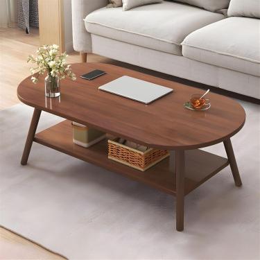 Imagem de Mesa de centro moderna de 2 andares mesa de centro de madeira oval de meados do século com prateleira de armazenamento para sala de estar de apartamentos pequenos, C, 120 x 60 x 42 cm
