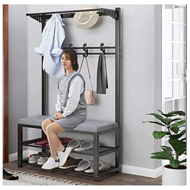 Imagem de Cabide com banco de sapato, corredor industrial, árvore, para entrada, sapateira de metal, organizador de prateleira, 8 ganchos para móveis, 3 em 1 para corredor, quarto