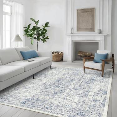 Imagem de vivorug Tapete lavável, tapete ultra macio 7,5 x 12,5 cm, tapete abstrato antiderrapante, dobrável, resistente a manchas para sala de estar e quarto, tapete de destaque moderno (marfim/azul, 9,5 x 1,5