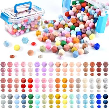 Imagem de 350 contas de silicone para fabricação de chaveiros, contas de silicone de 12/14/15 mm, várias cores e formas, contas de silicone de lentilha com caixa de armazenamento para pulseira, colar, caneta,