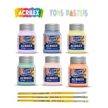 Imagem de Kit 6 Tintas para Tecido Tons Pastéis + 3 Pincéis Acrilex