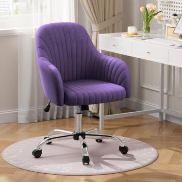 Imagem de Warmiehomy Cadeira de mesa de veludo para escritório em casa, cadeira de trabalho giratória moderna ajustável, cadeiras femininas com descanso de braço para quarto de vestiário, roxo