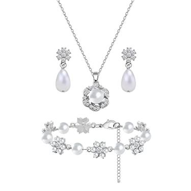 Imagem de Conjunto de joias de dama de honra para mulheres e meninas, pingente de flor banhado a ouro 18 K, prata e ouro rosa, com colar de pérolas, brincos, presente de dama de honra para casamento e pedido de casamento, festa e formatura, Zinco Vidro Pérola sintética, Pérola sintética