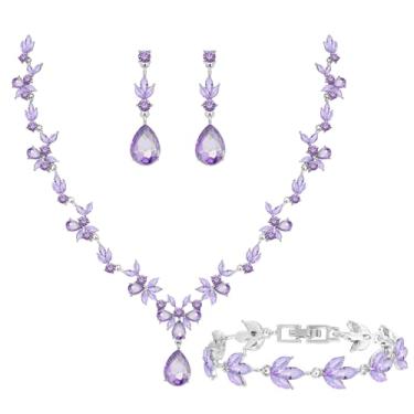 Imagem de Paxuan Conjunto de joias florais elegantes para mulheres/noivas/damas de honra, conjunto de joias de cristal para casamento, formatura, festa, noiva, cristal, colar, brincos, conjunto de pulseiras