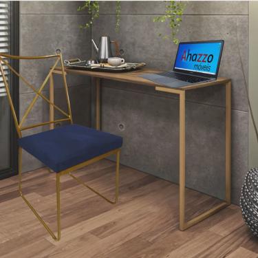 Imagem de Kit Escritório Clark Cadeira e Mesa Industrial Ferro Dourado Tampo mdf Castanho Suede Azul Marinho - Ahz Móveis