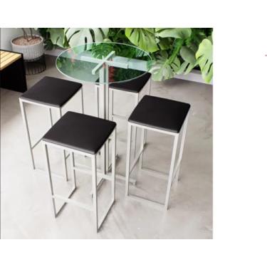 Imagem de Conjunto Mesa Alta Bar Bistrô Redonda Vidro 4 Bancos Estofado Industrial White (Aço, Preto)