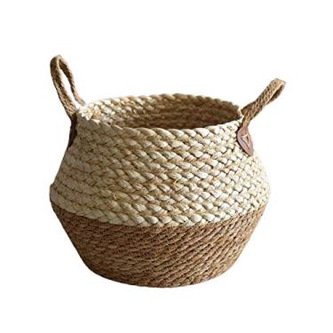 Imagem de Cesta tecida de erva marinha para armazenamento, saco de praia de palha tecida com alça, vasos de flores secas tecidas de rotim para lavandaria, piquenique, cobertura de vaso, compras, brinquedo