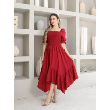 Imagem de Vestido midi de ponta liso crepinho lastex  Manga Curto - NoBrand, Mar