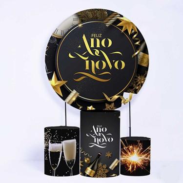 Imagem de Kit Painel de Festa Redondo de 1,80m e Trio de Cilindros Ano Novo- Fera Print