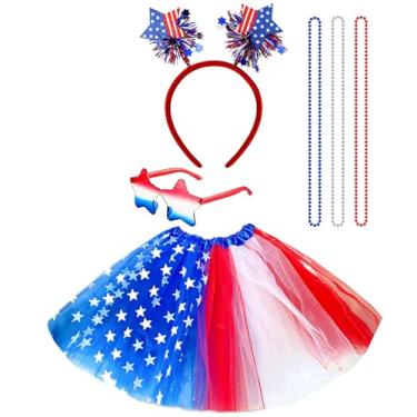 Imagem de Conjunto de fantasia de tutu patriótico, saia de tule com estrelas de bandeira, óculos de sol, colares, acessórios de festa de 4 de julho, lembrancinhas de festa vermelha, branca e azul para