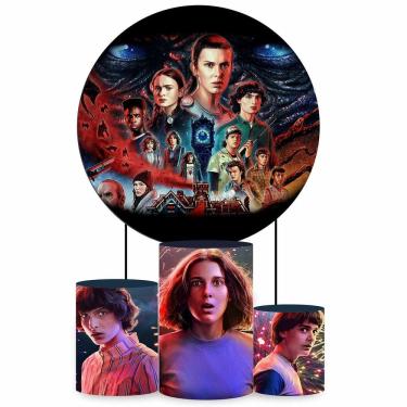 Imagem de Kit Painel de Festa Redondo de 1,80m e Trio de Cilindros Stranger Things - Fera Print