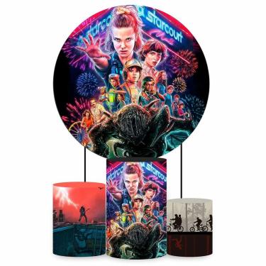 Imagem de Kit Painel de Festa Redondo de 1,80m e Trio de Cilindros Stranger Things - Fera Print