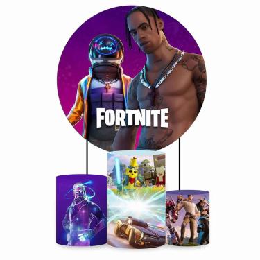 Imagem de Kit Painel de Festa Redondo de 1,30m e Trio de Cilindros Fortnite - Fera Print
