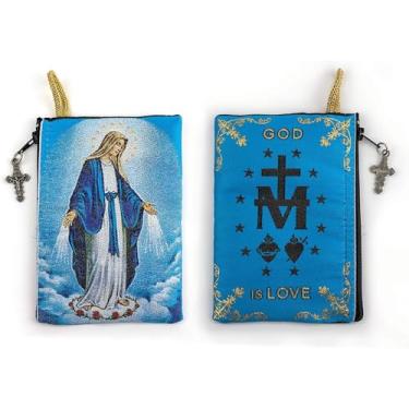 Imagem de Bolsa de Terço Católico, Nossa Senhora da Graça e Símbolo de Medalha Miraculosa, 10 x 15 cm Bolsa de Joias e Moedas com Cruz, Pequena Bolsa de Ícone de Tapeçaria de Rosário Católico para Joyería