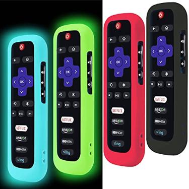 Imagem de Pacote com 4 capas para controle remoto Roku, capa de bateria para controle remoto TCL Roku Smart TV, controle remoto Roku TV, capa protetora de silicone, capa universal que brilha no escuro, azul, verde, preto, vermelho