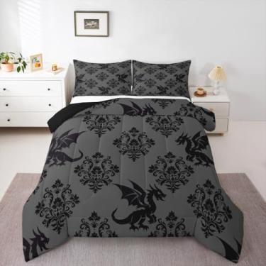 Imagem de jejeloiu Conjunto de cama vintage, damasco, tamanho Queen, dragão, para meninos e meninas, arte gótica, edredom respirável, macio e leve, com 2 fronhas