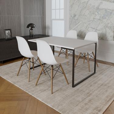 Imagem de Mesa Industrial Base De Ferro Preto 137X90 Tampo Branco 4 Cadeiras Eiffel Madeira Assento Branco