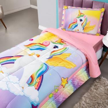 Imagem de Kit Edredom + Lençol Plush Fofinho Infantil Dupla Face Dream 3 Peças Solteiro - Unicórnio