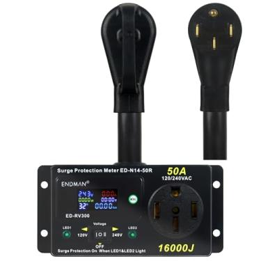 Imagem de ENDMAN Protetor Contra Surtos Rv 50 A, Medidor De Energia Ca, 16000 Joules 240 V Nema 14-50P, Display Lcd Kwh, Monitor Tensão Com Led, Cabo 10Awg