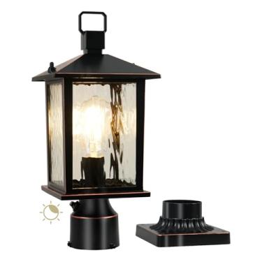 Imagem de ZILLSEA Luminária De Poste Externa Do Anoitecer Ao Amanhecer, Lanterna Bronze Polido A Óleo Com Base Para Montagem Em Píer, Vidro Efeito Cascata, À Prova D'Água Entrada Garagem, Caminho, Jardim, 1 P