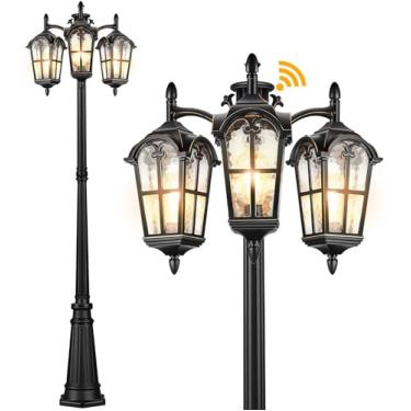 Imagem de VIANIS Postes De Iluminação Externa Do Anoitecer Ao Amanhecer, Vintage Antiferrugem, Luminária Rua Alumínio Com 3 Cabeças E Vidro Ondulado, Poste Externo Para Entrada Garagem Jardim Quintal