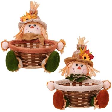 Imagem de Cesta de presente de doces, 2 peças de cesta de doces espantalho, lindo armazenamento de vime para lanches de frutas, decoração de festa de Ação de Graças, 20 x 15 cm