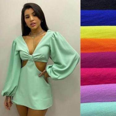 Imagem de Vestido macaquinho decote na cintura feminina manga longa - Filó Modas