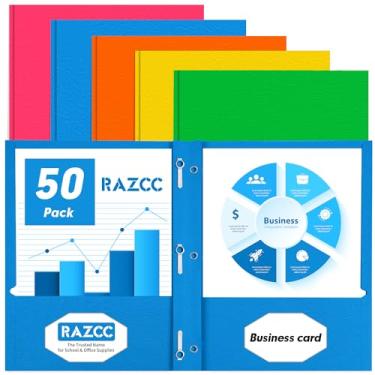 Imagem de Duas pastas de bolso, RAZCC pacote com 50, dois bolsos com pontas, pastas de 3 pinos para papel tamanho carta, pastas de arquivo de papel de bolso para escola, escritório, casa, negócios, 5 cores