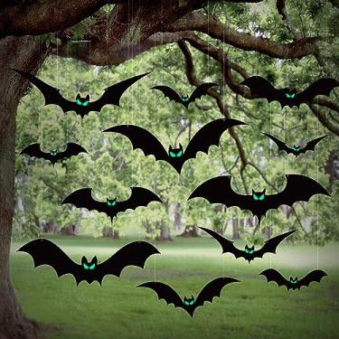 Imagem de Hifunwu 12 Peças de Decorações de Morcegos Pendurados para Halloween Ao Ar Livre, Decoração de Morcegos de Halloween para Exteriores, 4 Tamanhos Diferentes com Olhos Brilhantes para O Halloween Fora D