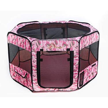 Imagem de Caneta dobrável para animais de estimação com 8 painéis de 36" × 18,5" com padrão de camuflagem rosa, peça de tecido personalizada disponível, para gatos/cachorros/filhotes, tecido Oxford 600D portátil para ambientes internos e externos com bolsa de transporte