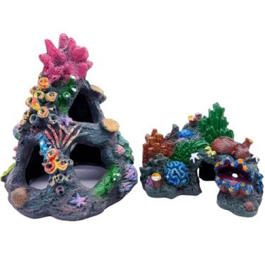 Imagem de Decoração de coral de aquário Tfwadx, regata de peixe, escondendo caverna de montanha, peixe betta, enfeite de peixe escondido de pedra, coral, recife de coral, pacote com 2.