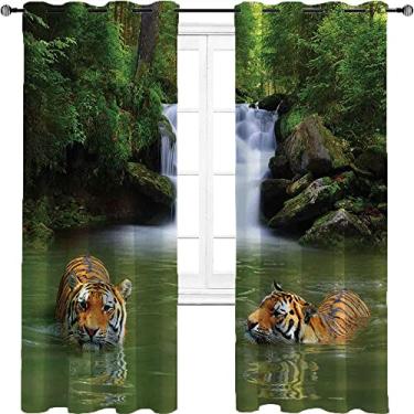 Imagem de Cortina blackout 90% tigre, tigre nadando em cachoeira piscina floresta natureza, tratamento de sombreamento completo, cortina de isolamento de cozinha, L 132 x C 213 cm verde laranja