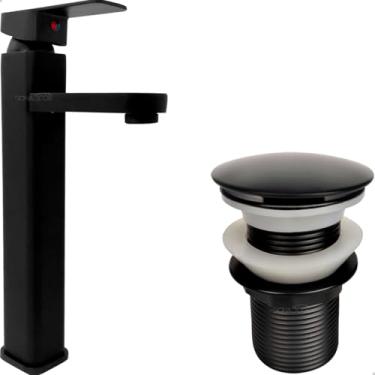 Imagem de Dona D Cor, Kit Torneira Preta Fosca Bica Alta Inox Monocomando Misturador e Válvula Click 1 1/4 Lavabo Banheiro Pia Água Quente Fria Design Moderno Aço Inox